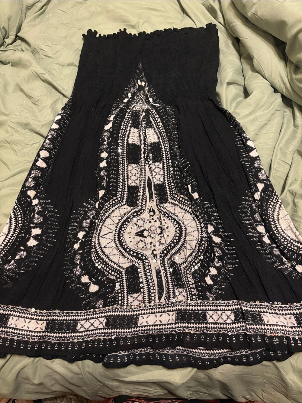 Black Strapless Above The knee with White Printed Boho Motif